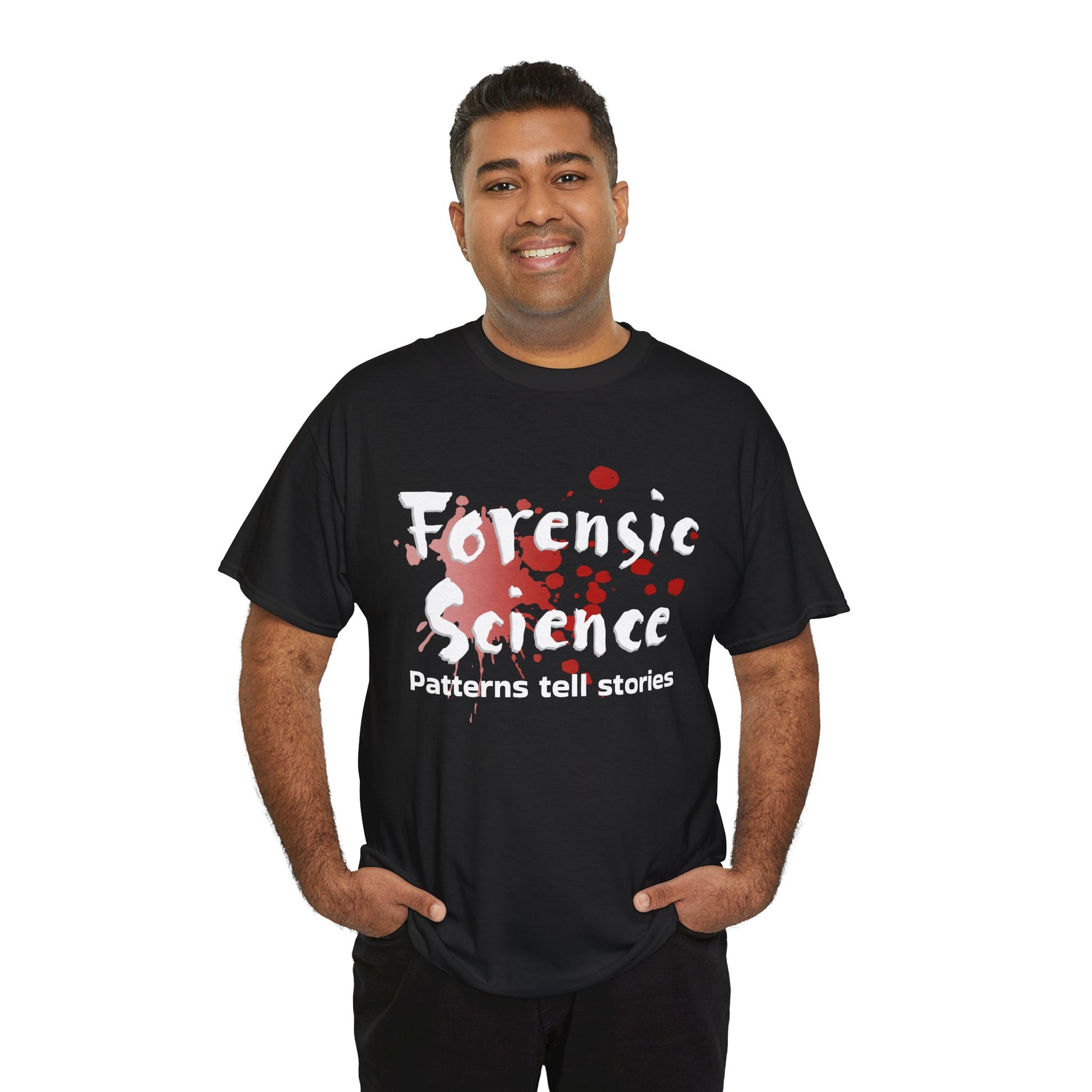 Man wearing a black t-shirt with 'Forensic Science Evidence doesn't lie' text and design.