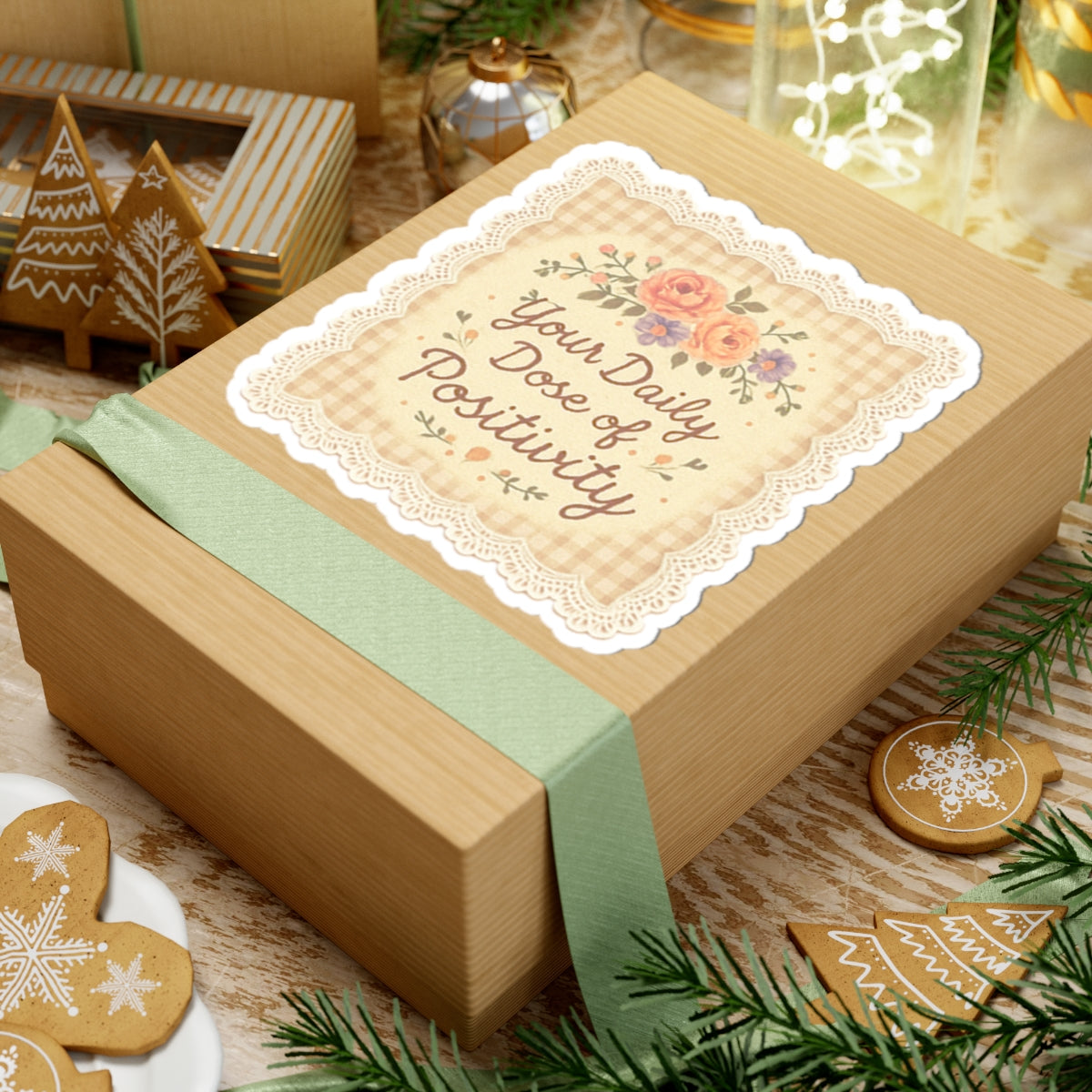 Wooden gift box with a decorative label on a festive background with cookies and greenery.