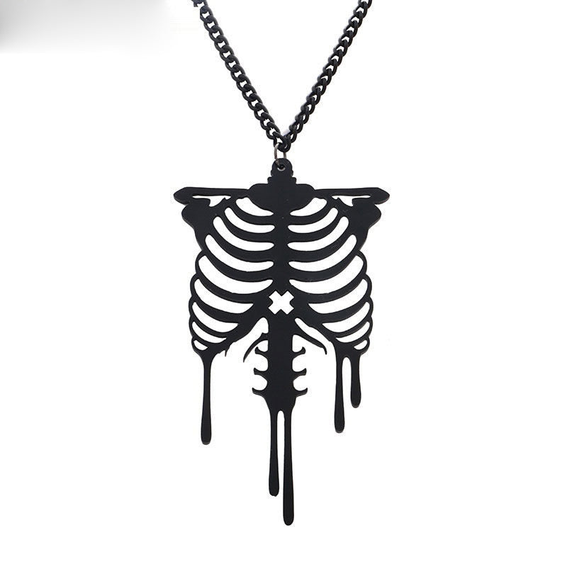 Stand out from the crowd this Halloween with this trendy black skeleton necklace! Its unique design and sleek look will make you the talk of the party. Dare to be bold and express your own style with this necklace!