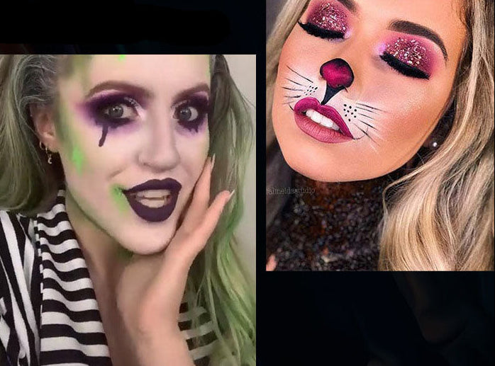 A collage-style promotional graphic for costume makeup or cosmetics, showing two women with dramatic Halloween-style face makeup: one with dark purple eye makeup and green slime-like makeup, and another with glittery pink eye makeup, a black nose, white whiskers, and cat face details. The text 'Cos' appears on a black background with abstract orange and yellow brushstroke artwork.