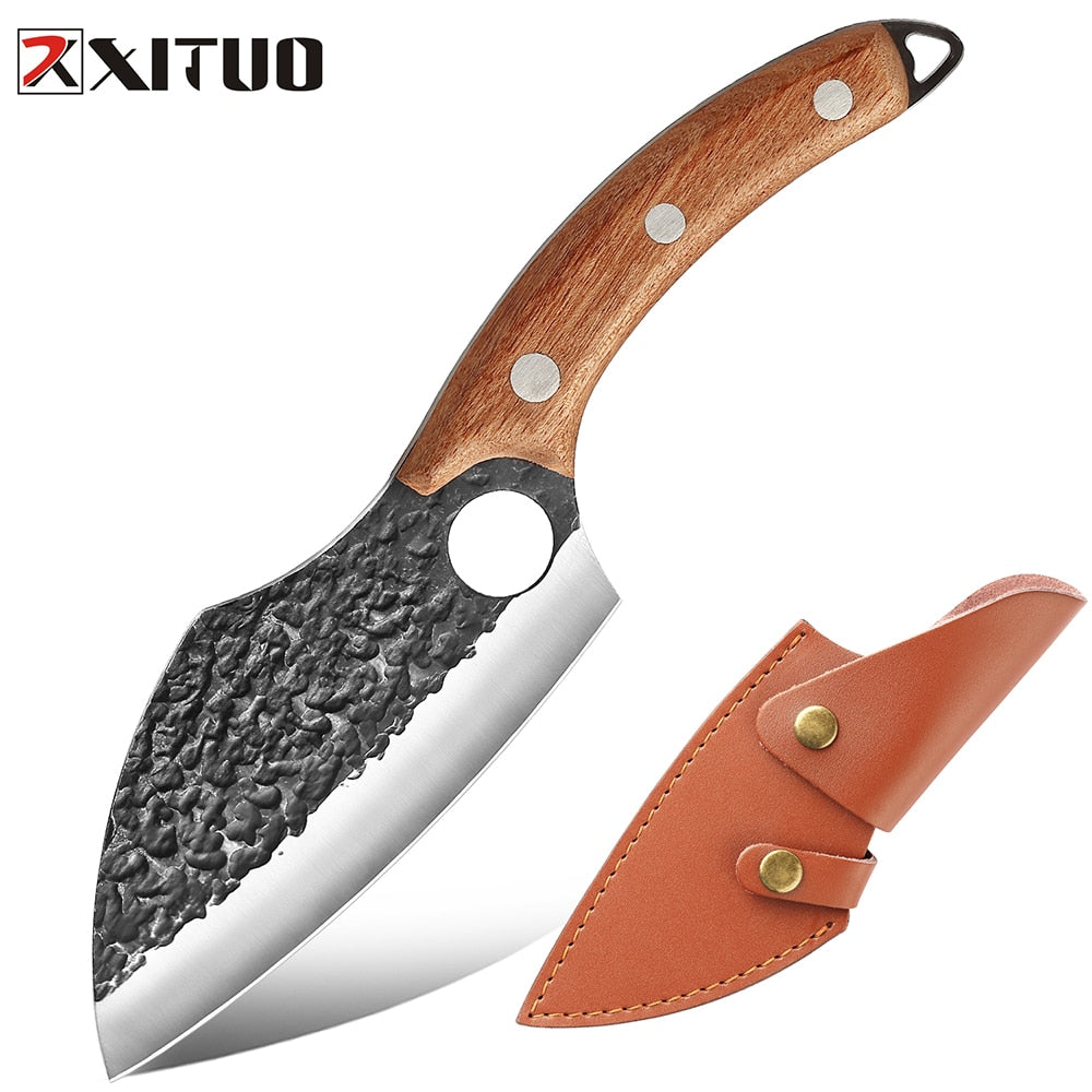 Forged from premium stainless steel, this handmade meat cleaver delivers professional-grade performance for both culinary and field applications. The robust blade geometry excels at breaking down large cuts of meat with minimal effort, while the balanced weight distribution ensures controlled, precise strikes.