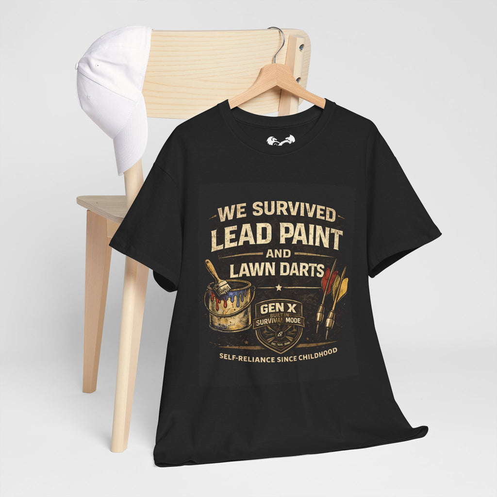 Black t-shirt with humorous text and graphics on a hanger against a white background