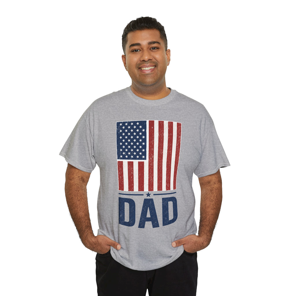 Man wearing a gray t-shirt with an American flag and 'DAD' text on a white background