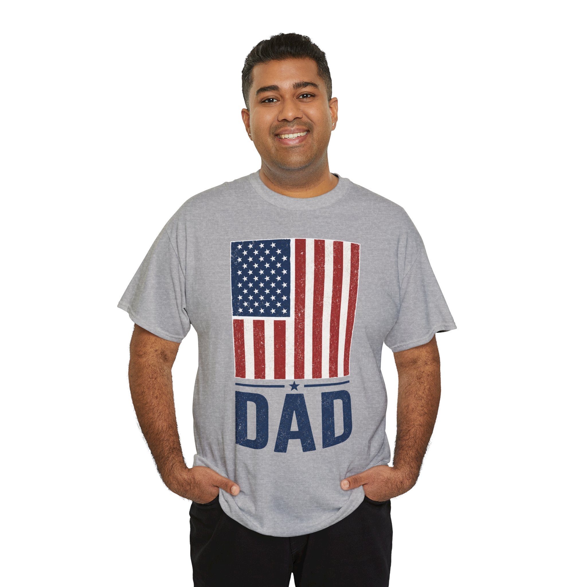Man wearing a gray t-shirt with an American flag and 'DAD' text on a white background