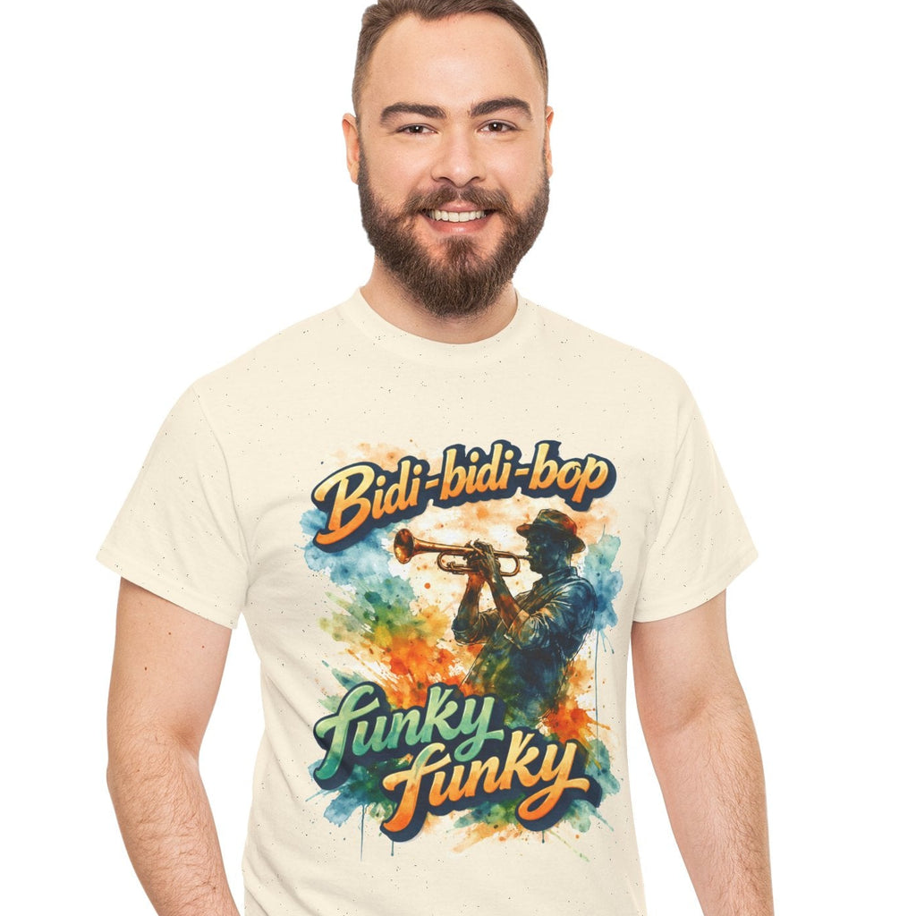 Man wearing a t-shirt with colorful graphic design and text on a white background