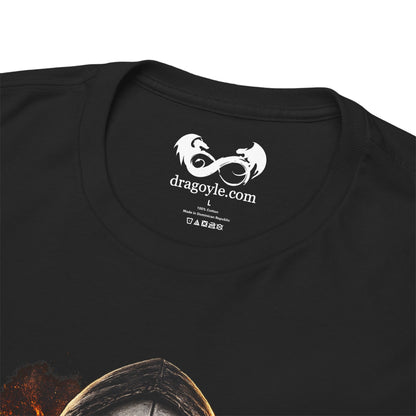 Black t-shirt with a white dragoyle logo and text on the collar area.