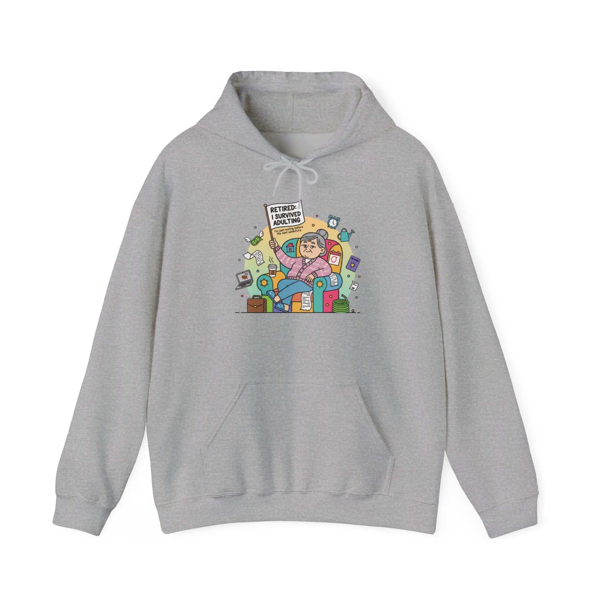 Gray hoodie with 'Breathe and Let Go' text and floral design on a white background