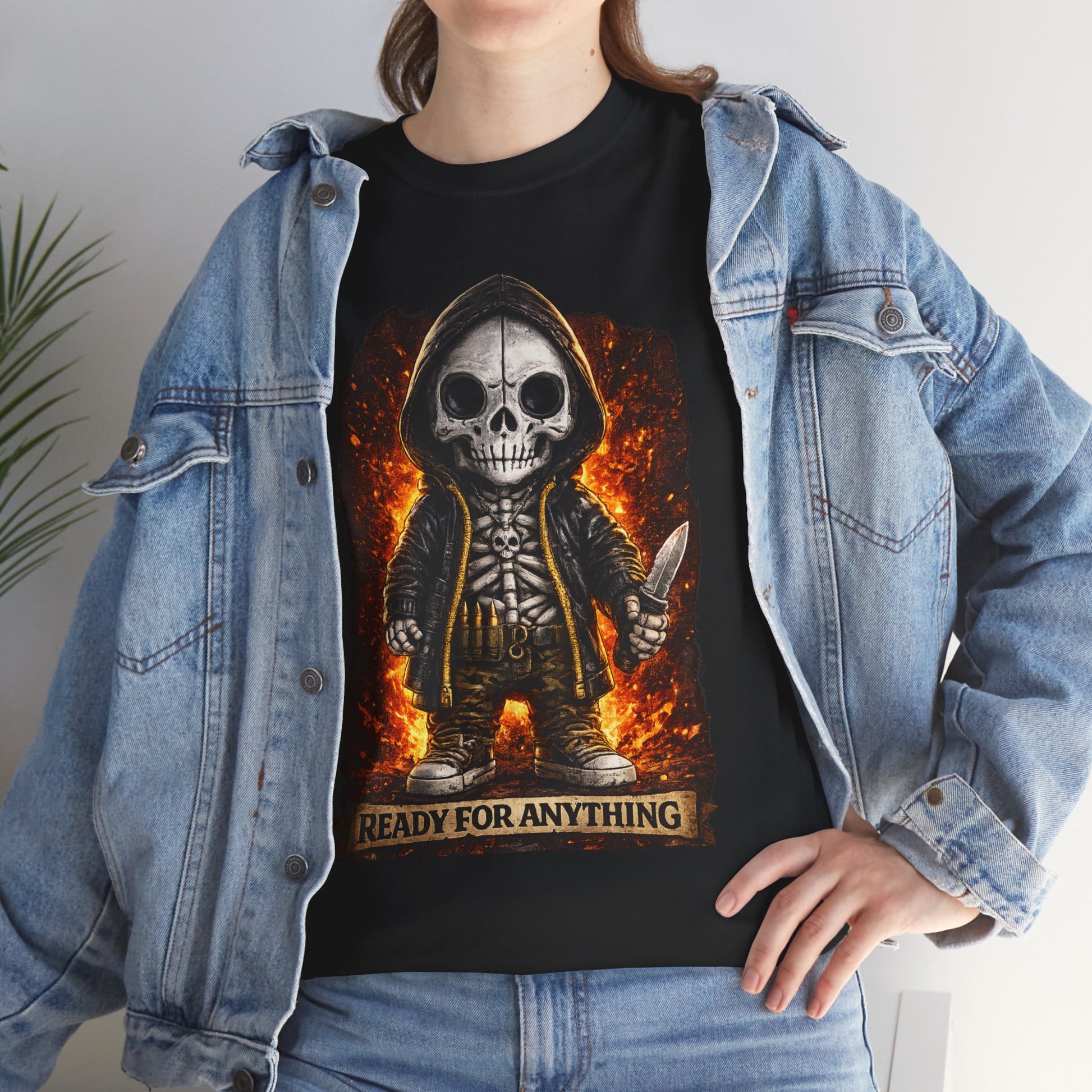 Person wearing a black t-shirt with a skeleton design and 'Ready for Anything' text, paired with a denim jacket.