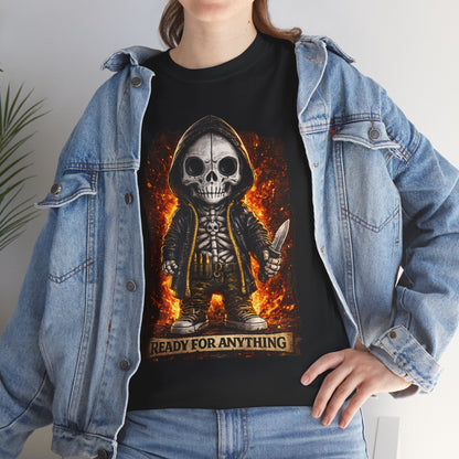 Person wearing a black t-shirt with a skeleton design and 'Ready for Anything' text, paired with a denim jacket.
