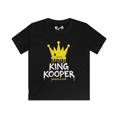 A black short-sleeve t-shirt with a graphic on the front featuring a yellow dripping crown above the text 'KING KOOPER' in white and yellow, with 'DRAGOYLE.COM' underneath, displayed on a solid white background.