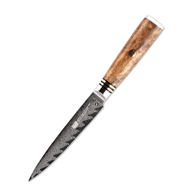 Expertly crafted with exquisite Damascus wood and bone, this 5 inch paring knife is a must-have for any kitchen. The unique pattern of the wood and bone combined with the sharp blade provides optimal slicing and precision. 