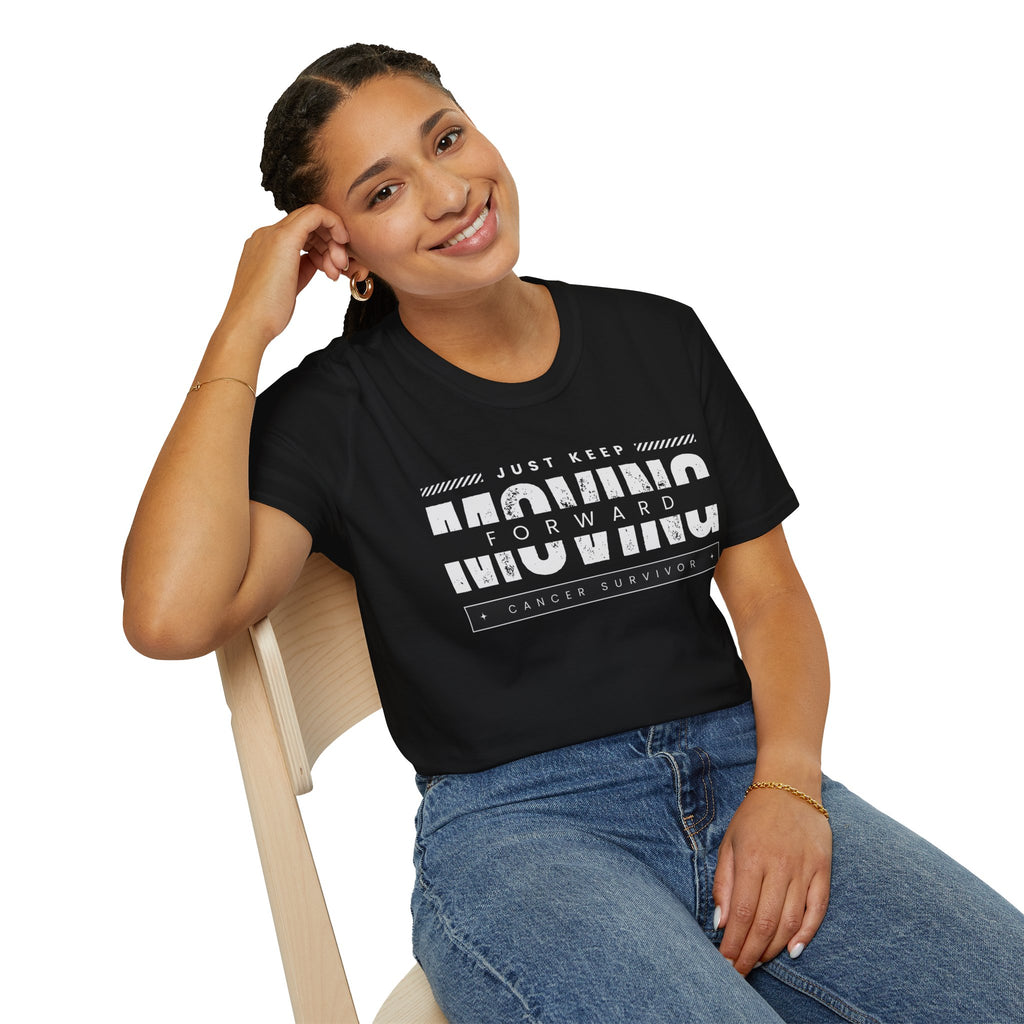 This unisex t-shirt is a canvas for self-expression, crafted for those who embrace resilience. With the phrase "Just Keep Moving Forward - Cancer Survivor" emblazoned across the chest, it celebrates strength and spirit.