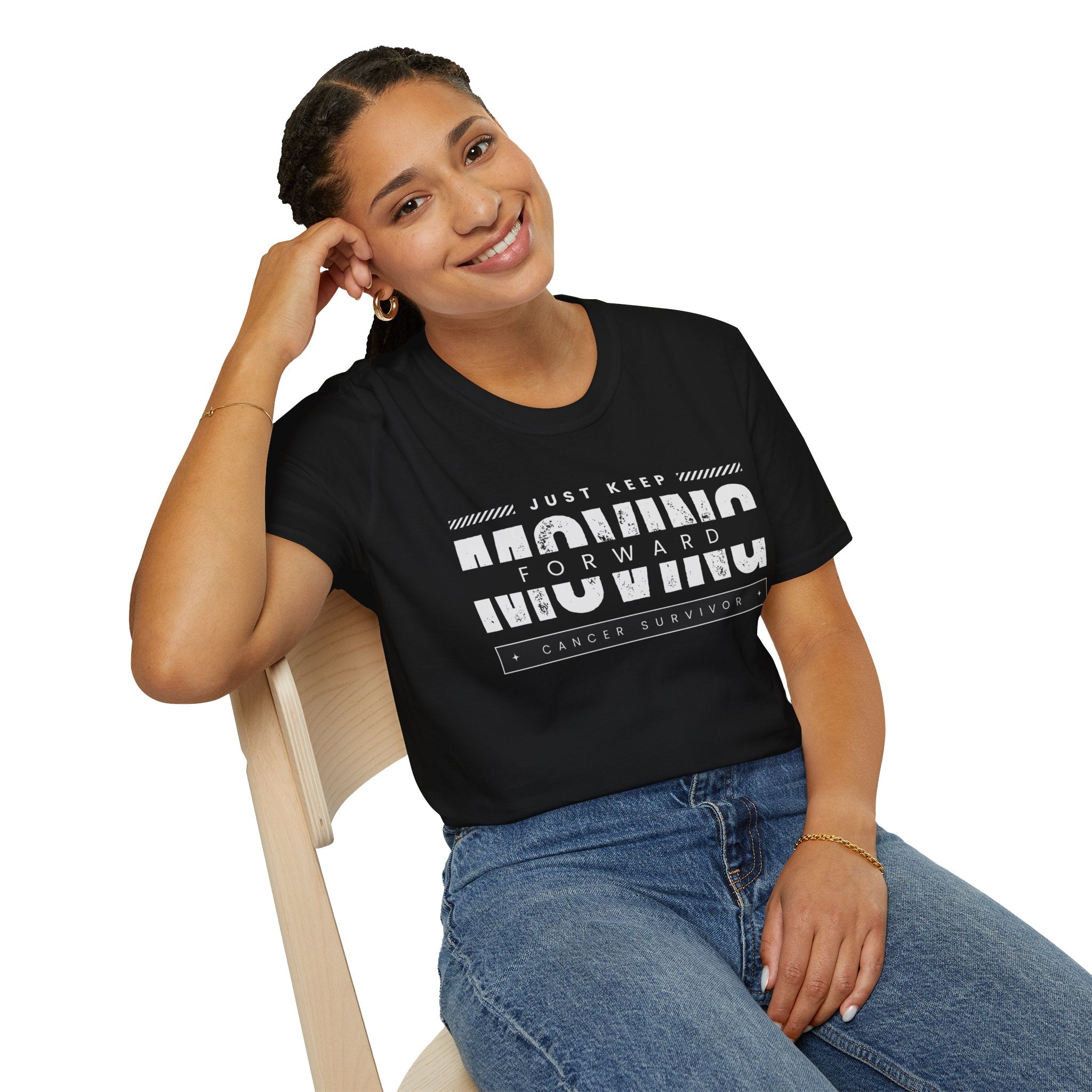 This unisex t-shirt is a canvas for self-expression, crafted for those who embrace resilience. With the phrase "Just Keep Moving Forward - Cancer Survivor" emblazoned across the chest, it celebrates strength and spirit.