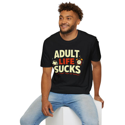 Man wearing a black t-shirt with 'ADULT LIFE SUCKS' text and graphics on a white background