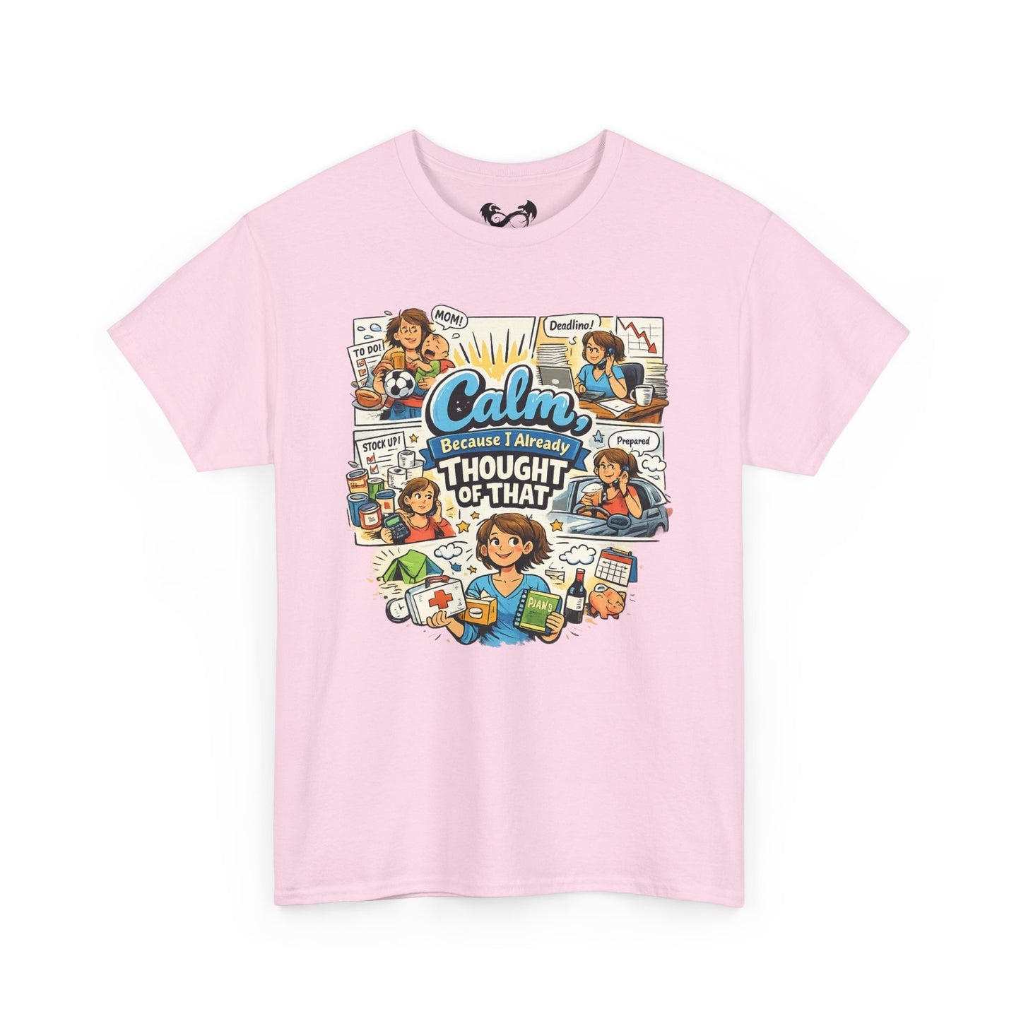 Pink t-shirt with a colorful graphic and text on a white background