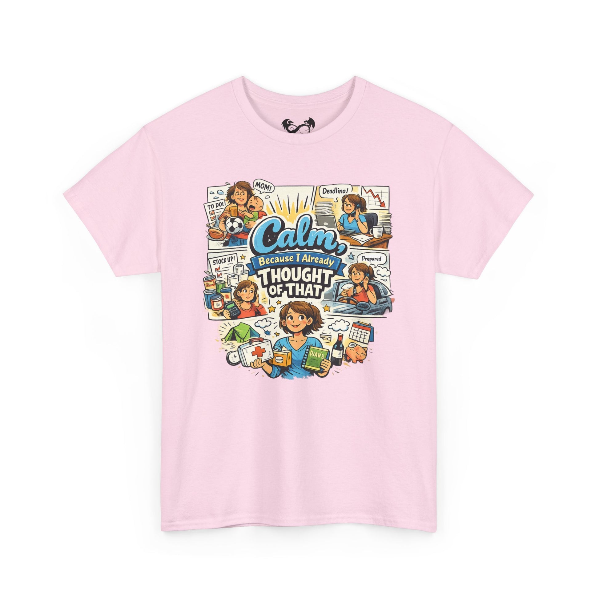 Pink t-shirt with a colorful graphic and text on a white background