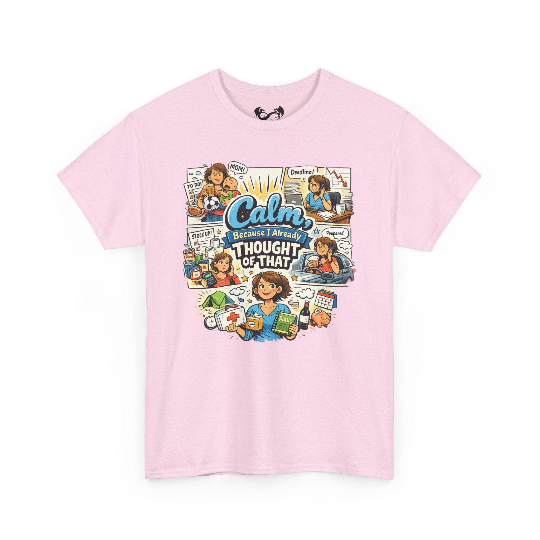 Pink t-shirt with a colorful graphic and text on a white background