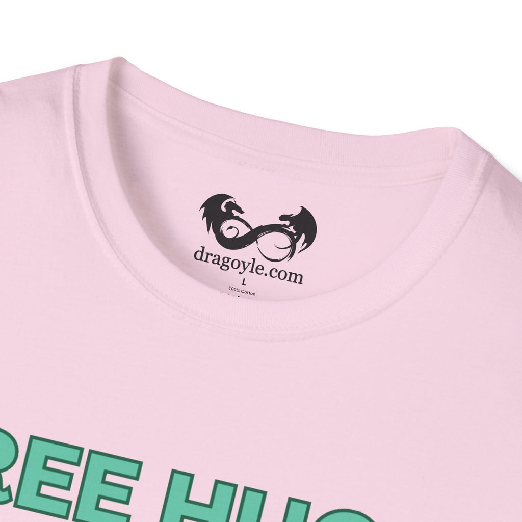 Close-up of a pink t-shirt with a logo and text on a white background