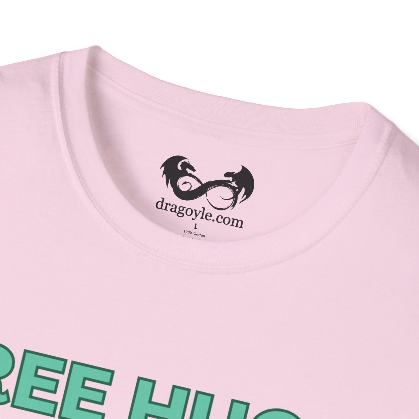 Close-up of a pink t-shirt with a logo and text on a white background