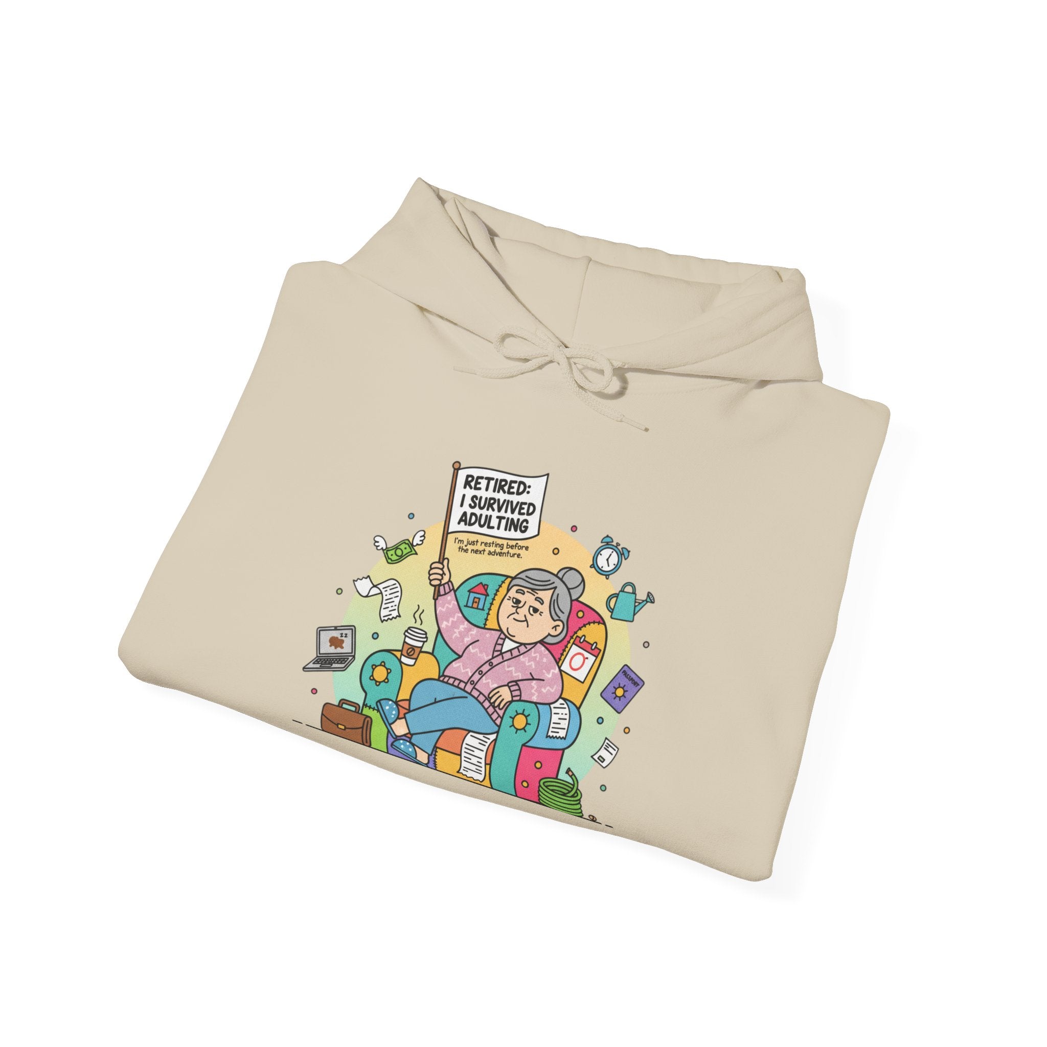 Beige hoodie with colorful graphic design on a white background