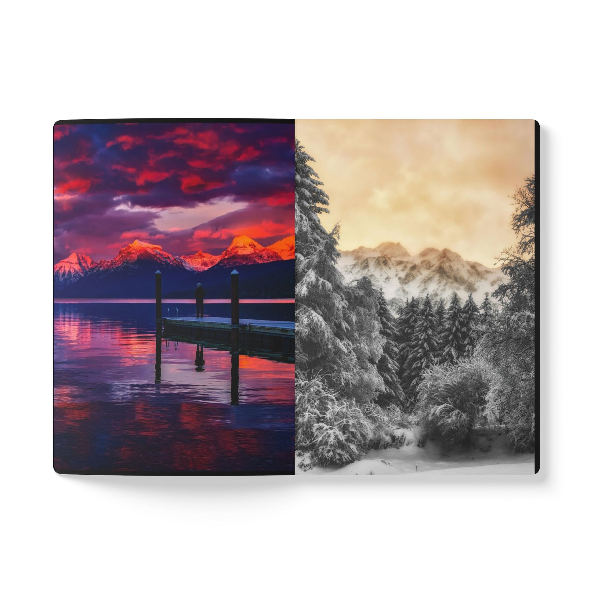 Two scenic landscapes side by side: a dock on a lake with a vibrant sunset and a snowy forest with mountains.