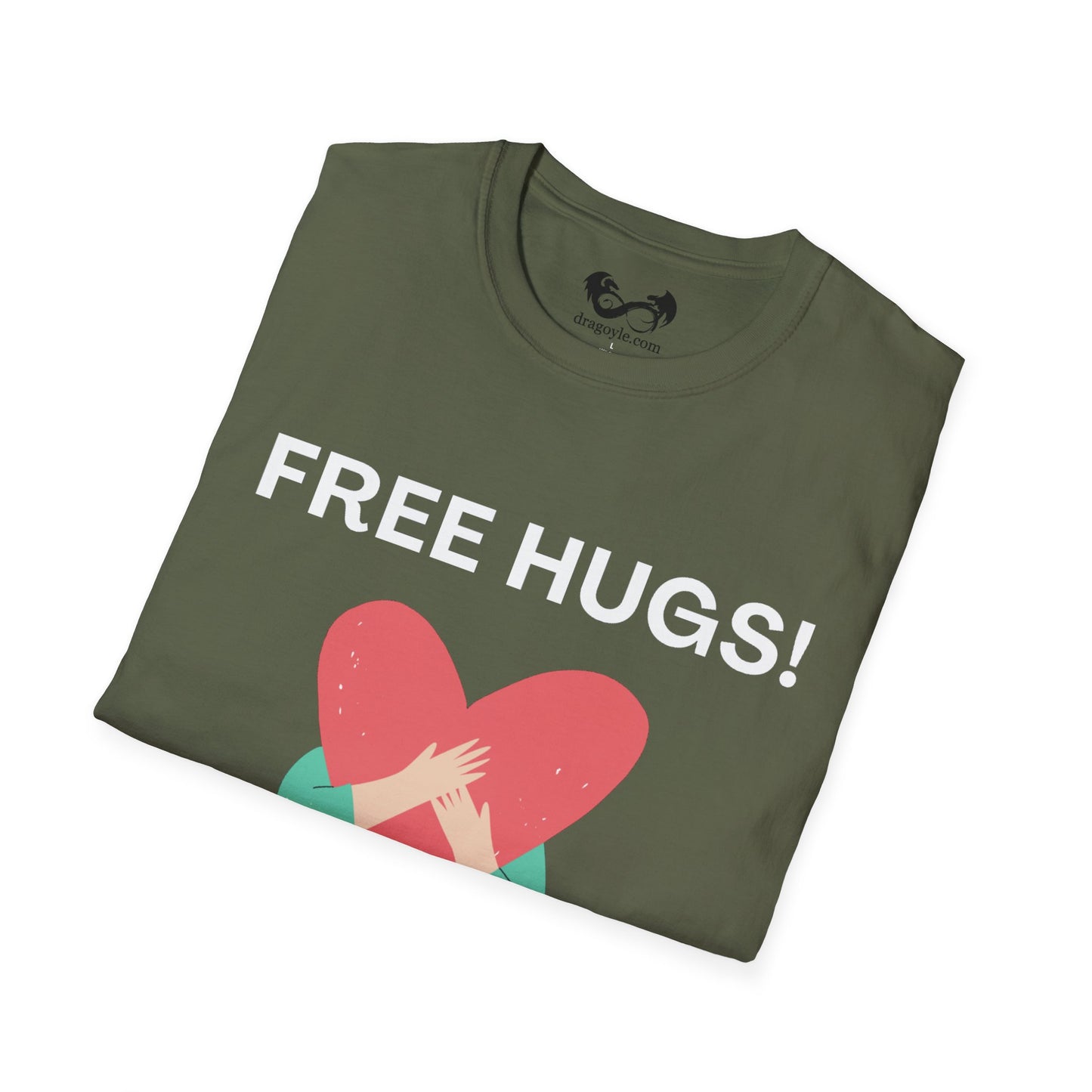 Folded green t-shirt with 'FREE HUGS!' text and heart design on a white background
