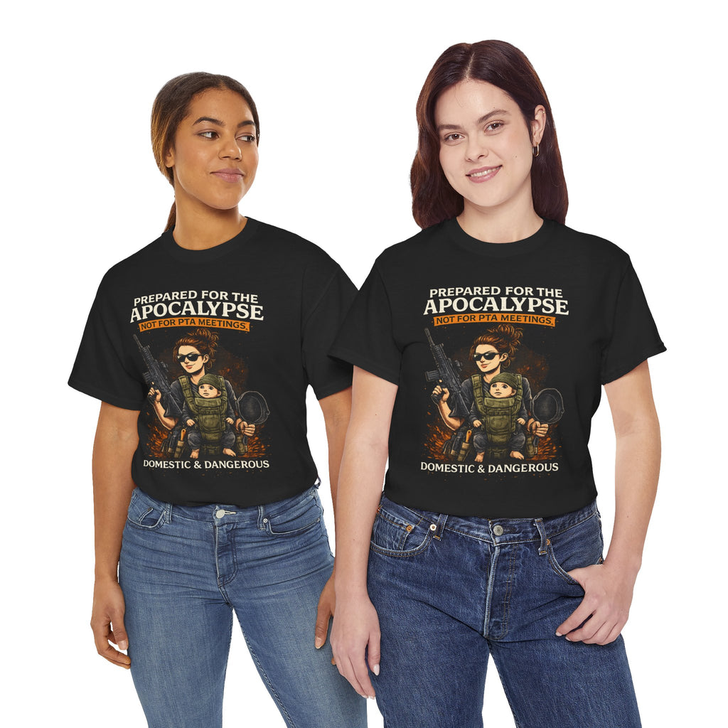 Two people wearing black t-shirts with a graphic design and text on a white background
