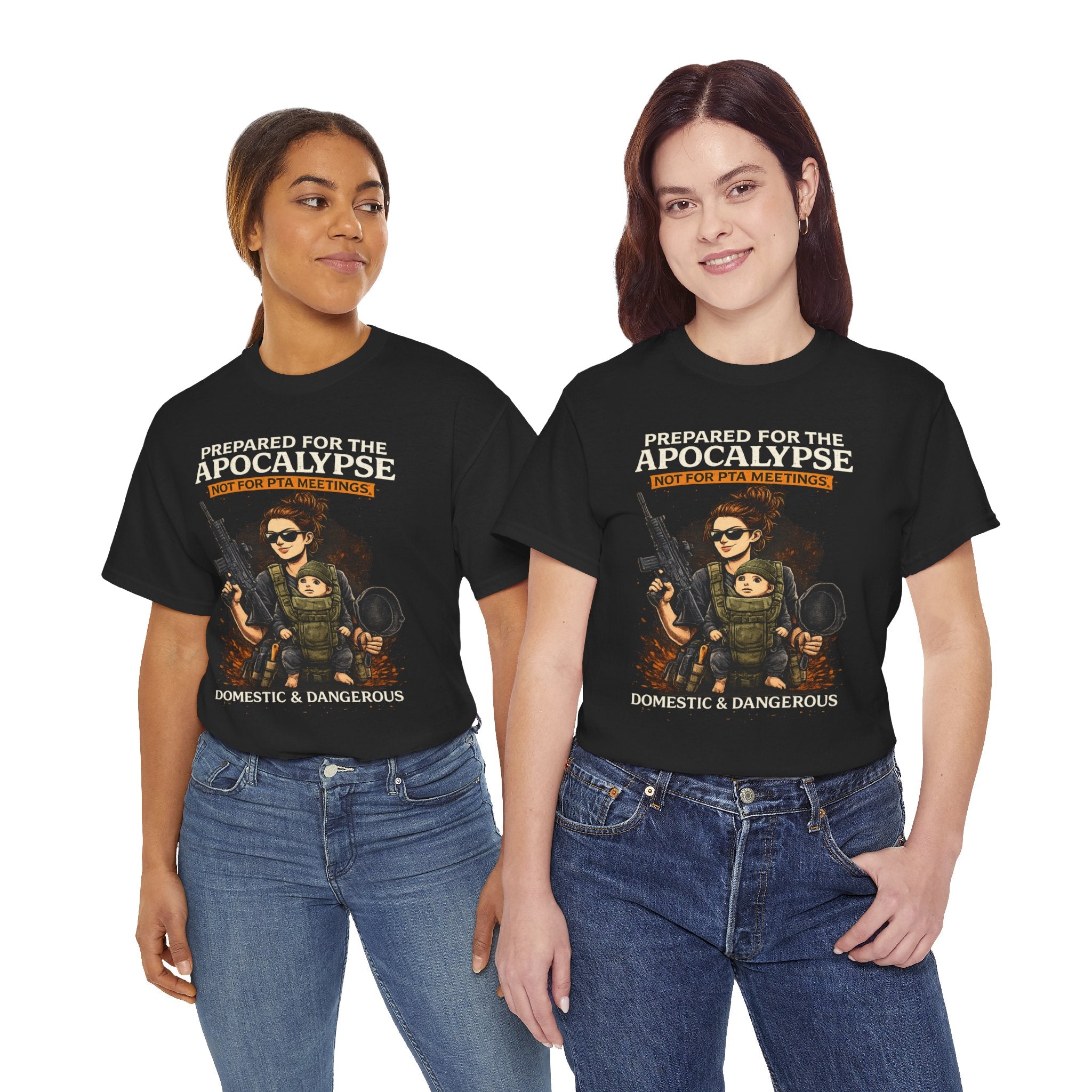 Two people wearing black t-shirts with a graphic design and text on a white background