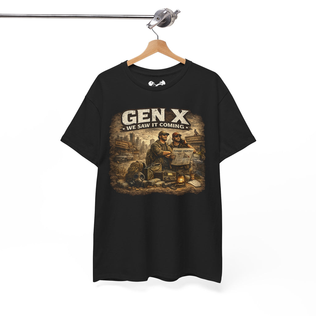 Black t-shirt with graphic design and text 'GEN X WE SAW IT COMING' on a hanger against a white background