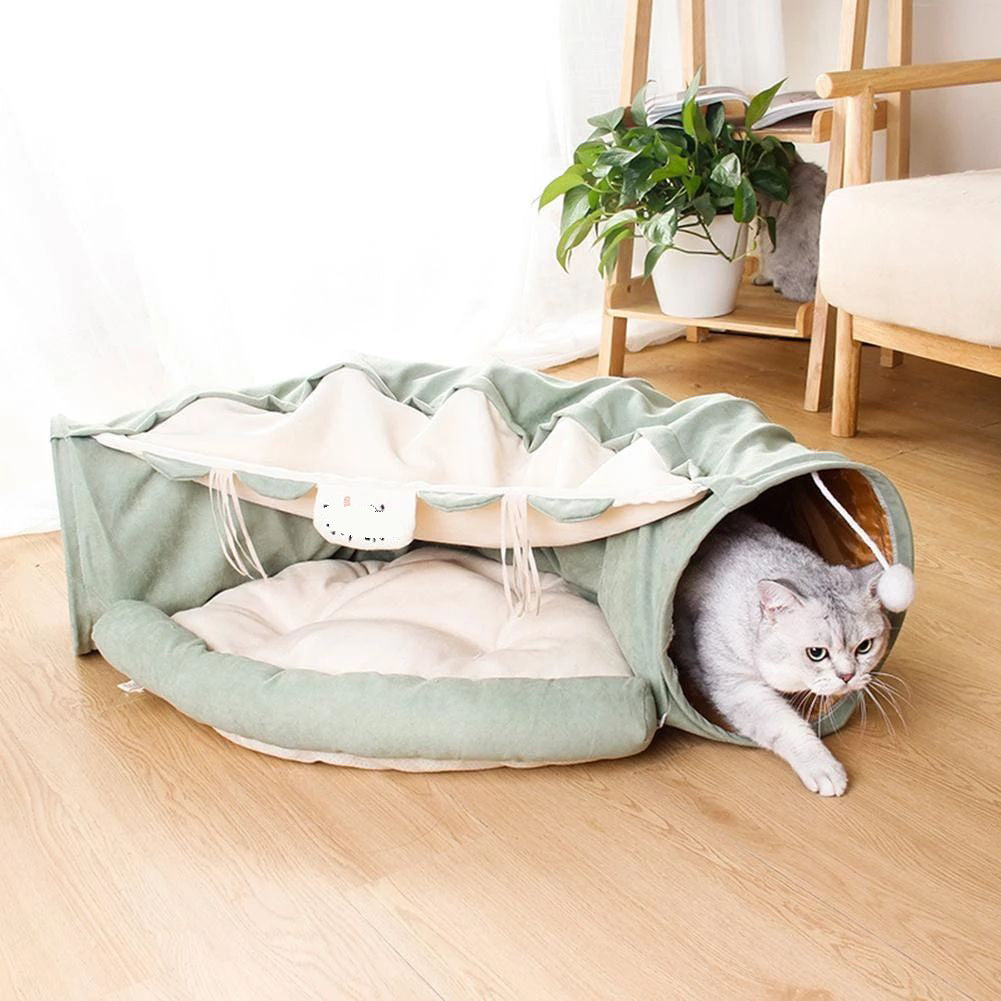 Give your cat a cozy and playful retreat with this Foldable Cat Tunnel &amp; Bed. Designed for both entertainment and comfort, it easily folds for convenient storage or travel. Perfect for cats who love to hide, pounce, or relax, this versatile tunnel doubles as a soft bed, creating a safe space your feline friend will adore.