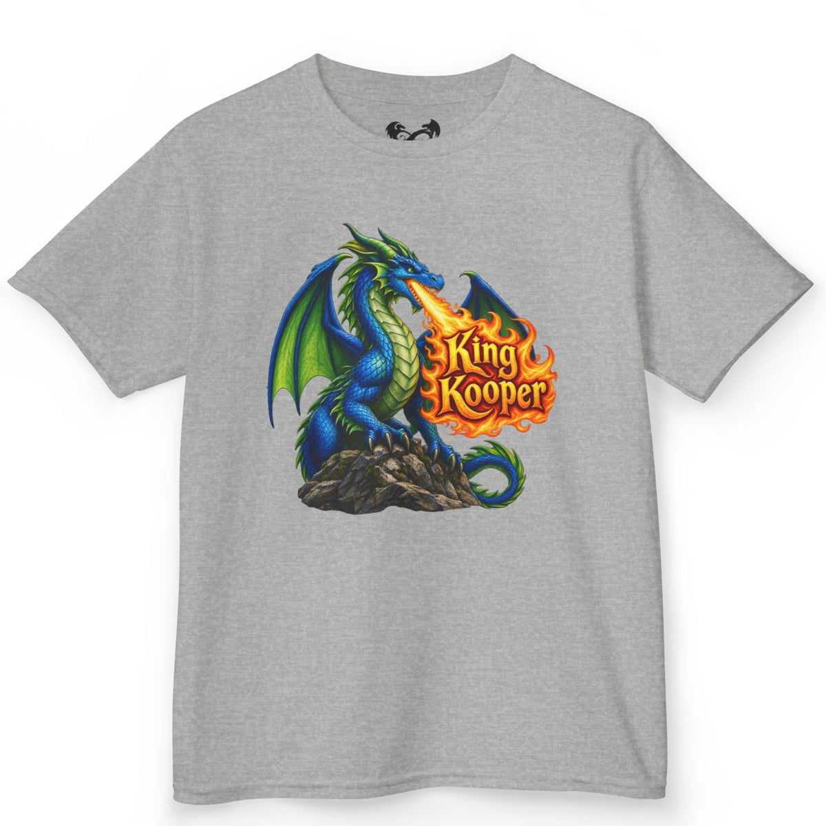 A heather gray short-sleeve t-shirt with a colorful graphic of a blue dragon on a rock, breathing fire, with the text 'King Kooper' in orange flames. The shirt is displayed flat against a white background.