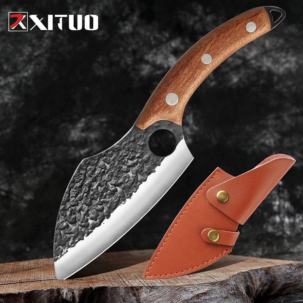 Forged from premium stainless steel, this handmade meat cleaver delivers professional-grade performance for both culinary and field applications. The robust blade geometry excels at breaking down large cuts of meat with minimal effort, while the balanced weight distribution ensures controlled, precise strikes.