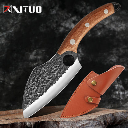 Forged from premium stainless steel, this handmade meat cleaver delivers professional-grade performance for both culinary and field applications. The robust blade geometry excels at breaking down large cuts of meat with minimal effort, while the balanced weight distribution ensures controlled, precise strikes.