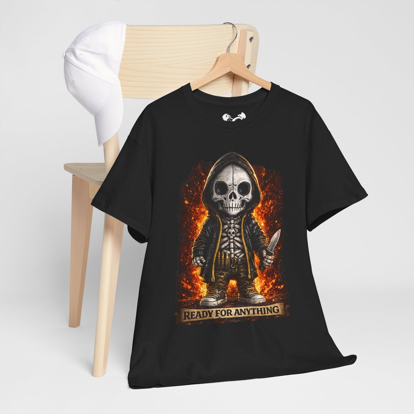 Black t-shirt with a skeleton design and 'Ready for Anything' text on a white background