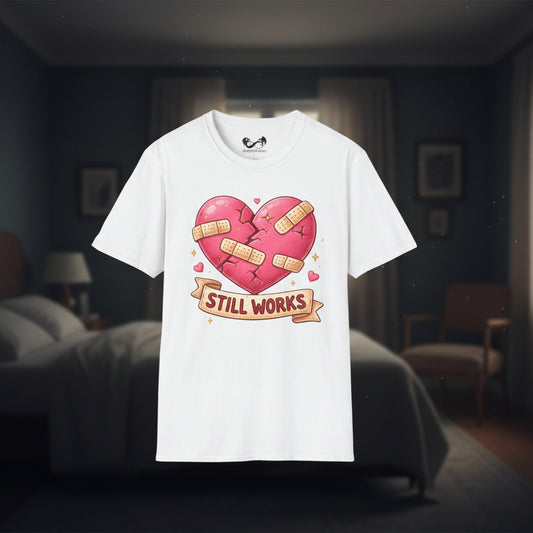 White t-shirt with a heart graphic and 'Still Works' text on a white background