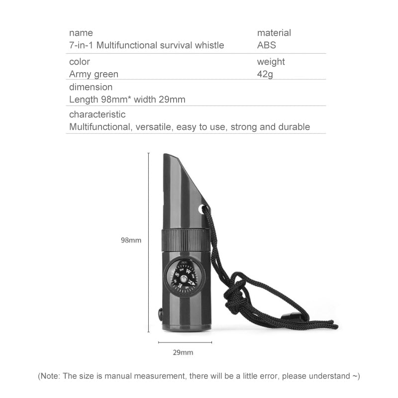 This 7-in-1 Survival Whistle is an essential accessory for any outdoor enthusiast. Featuring a thermometer, compass, flint, signal mirror, and other emergency supplies, this whistle is designed to give you the edge in any situation.