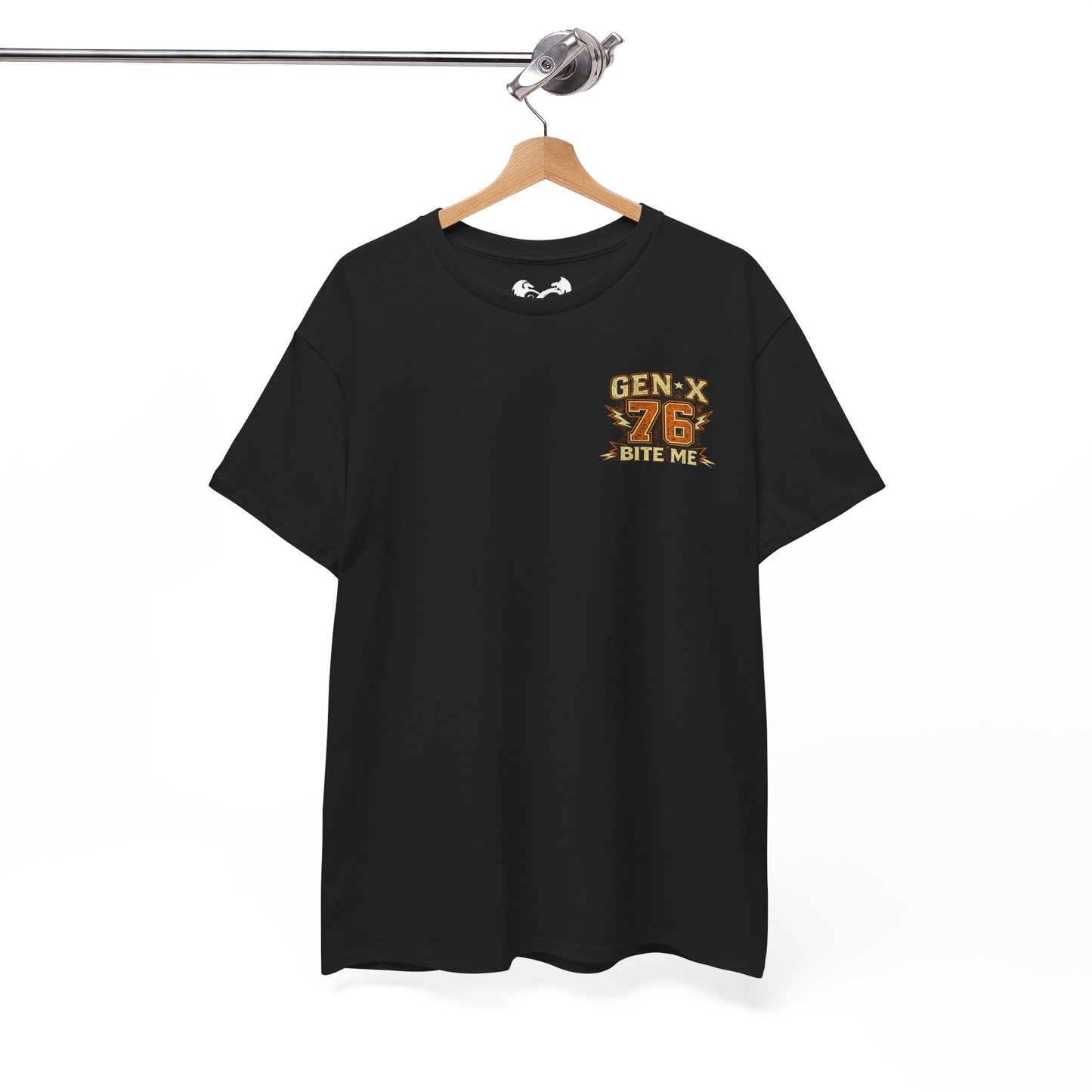 Black t-shirt with 'GEN-X 76 BITE ME' text on a hanger against a white background