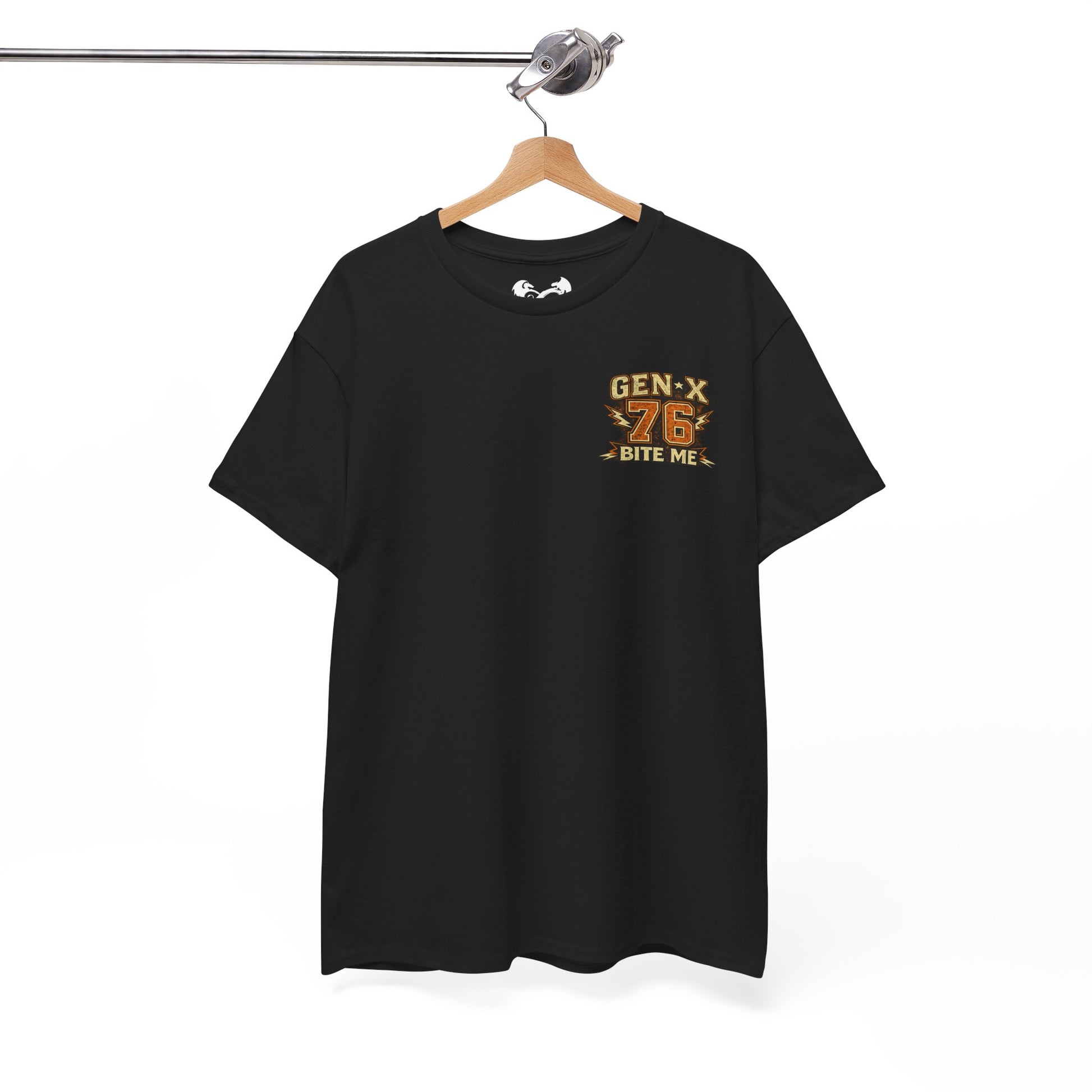 Black t-shirt with 'GEN-X 76 BITE ME' text on a hanger against a white background