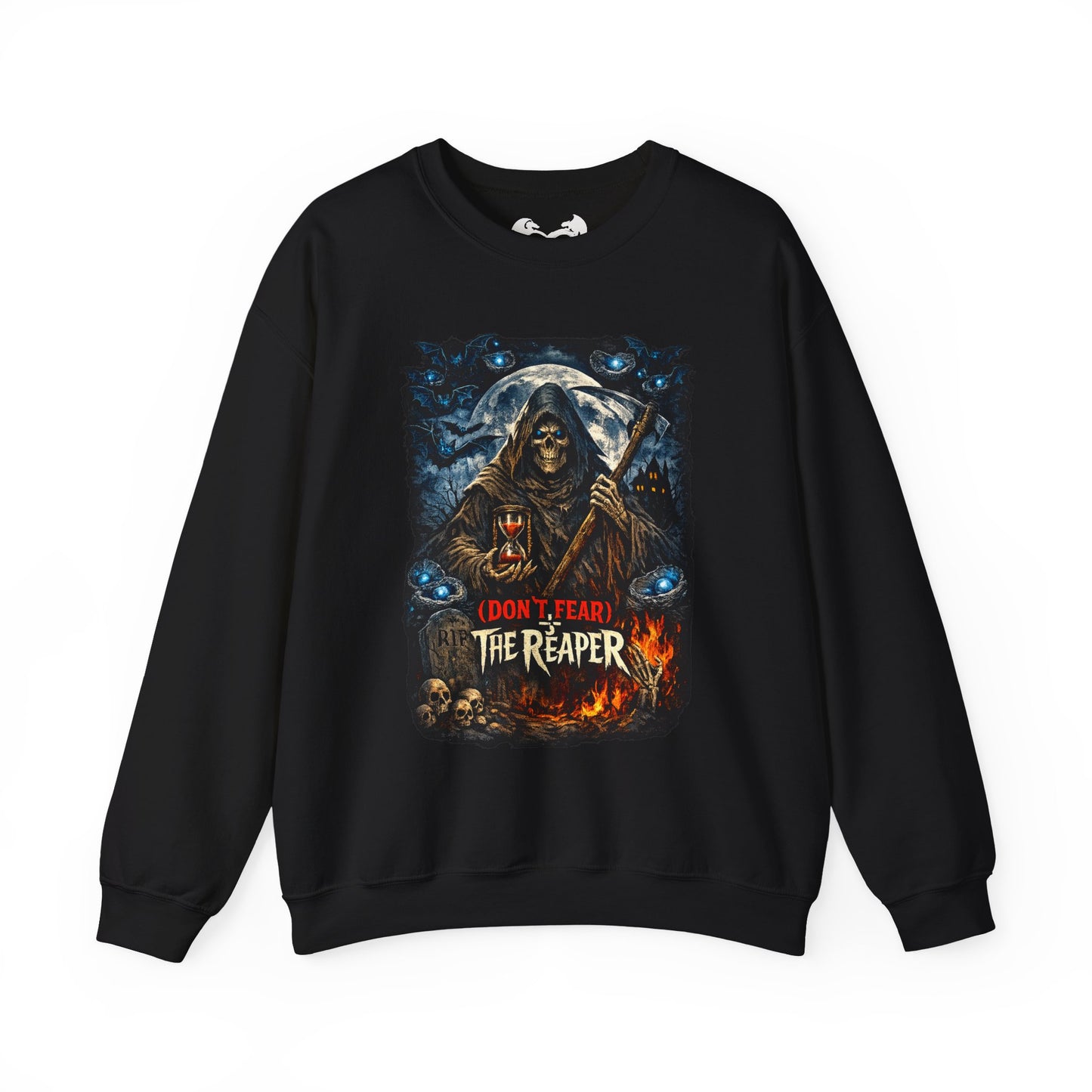 A black crewneck sweatshirt featuring a detailed graphic print of a grim reaper holding a scythe in front of a full moon, with the text '(DON'T FEAR) THE REAPER' in red and yellow.