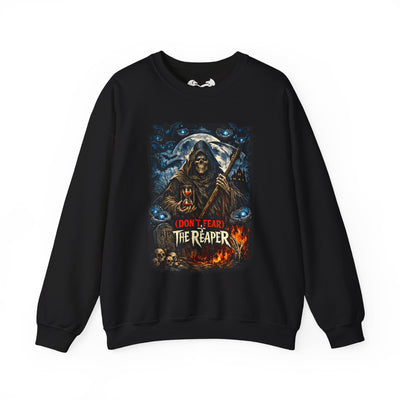 A black crewneck sweatshirt featuring a detailed graphic print of a grim reaper holding a scythe in front of a full moon, with the text '(DON'T FEAR) THE REAPER' in red and yellow.