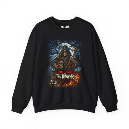 A black crewneck sweatshirt featuring a detailed graphic print of a grim reaper holding a scythe in front of a full moon, with the text '(DON'T FEAR) THE REAPER' in red and yellow.