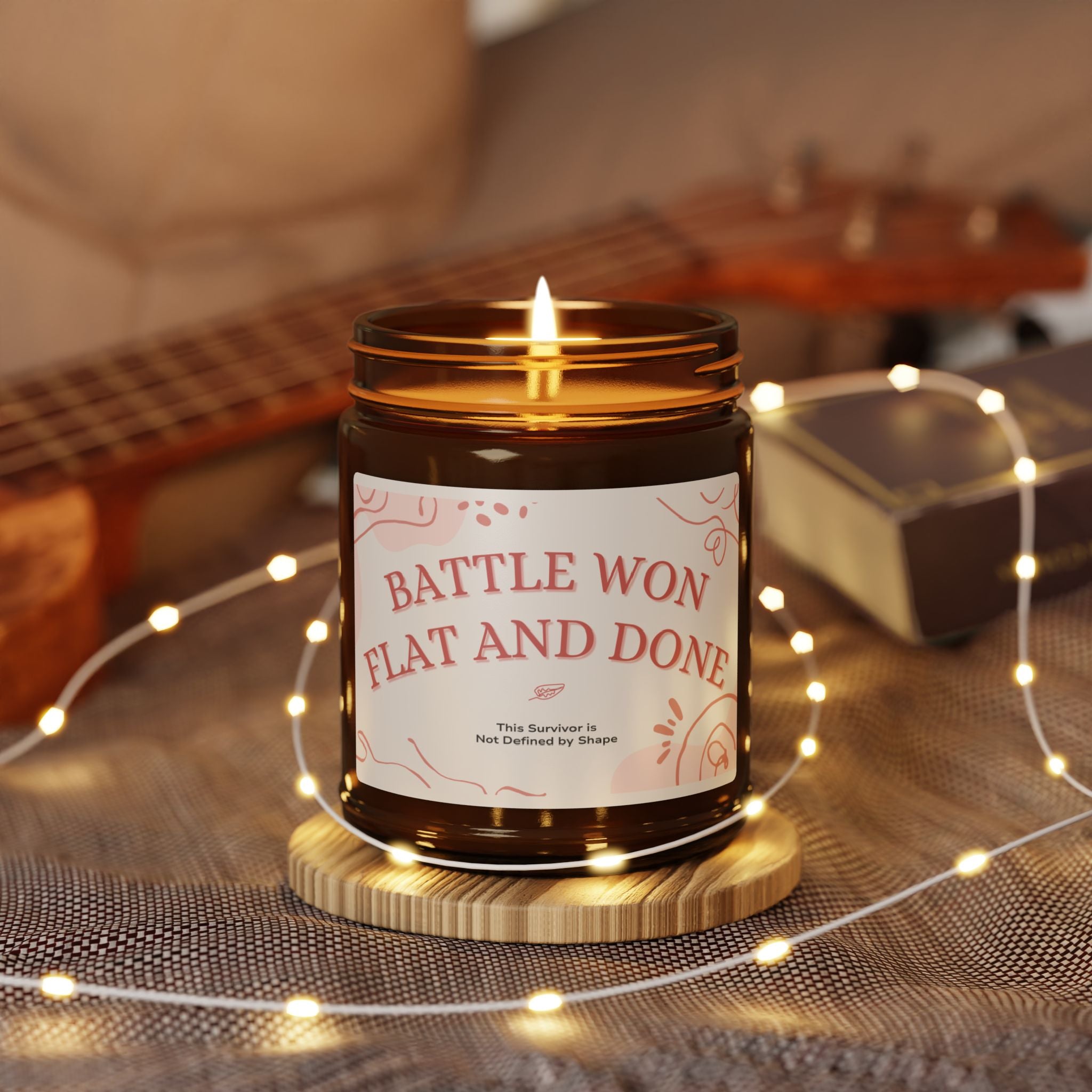 Experience the soothing scent of our Battle Won Flat &amp; Done Scented Soy Candles. Made with high-quality soy wax, these candles provide a long-lasting burn and a clean, even flame. Perfect for unwinding after a long day or creating a relaxing atmosphere in any room.