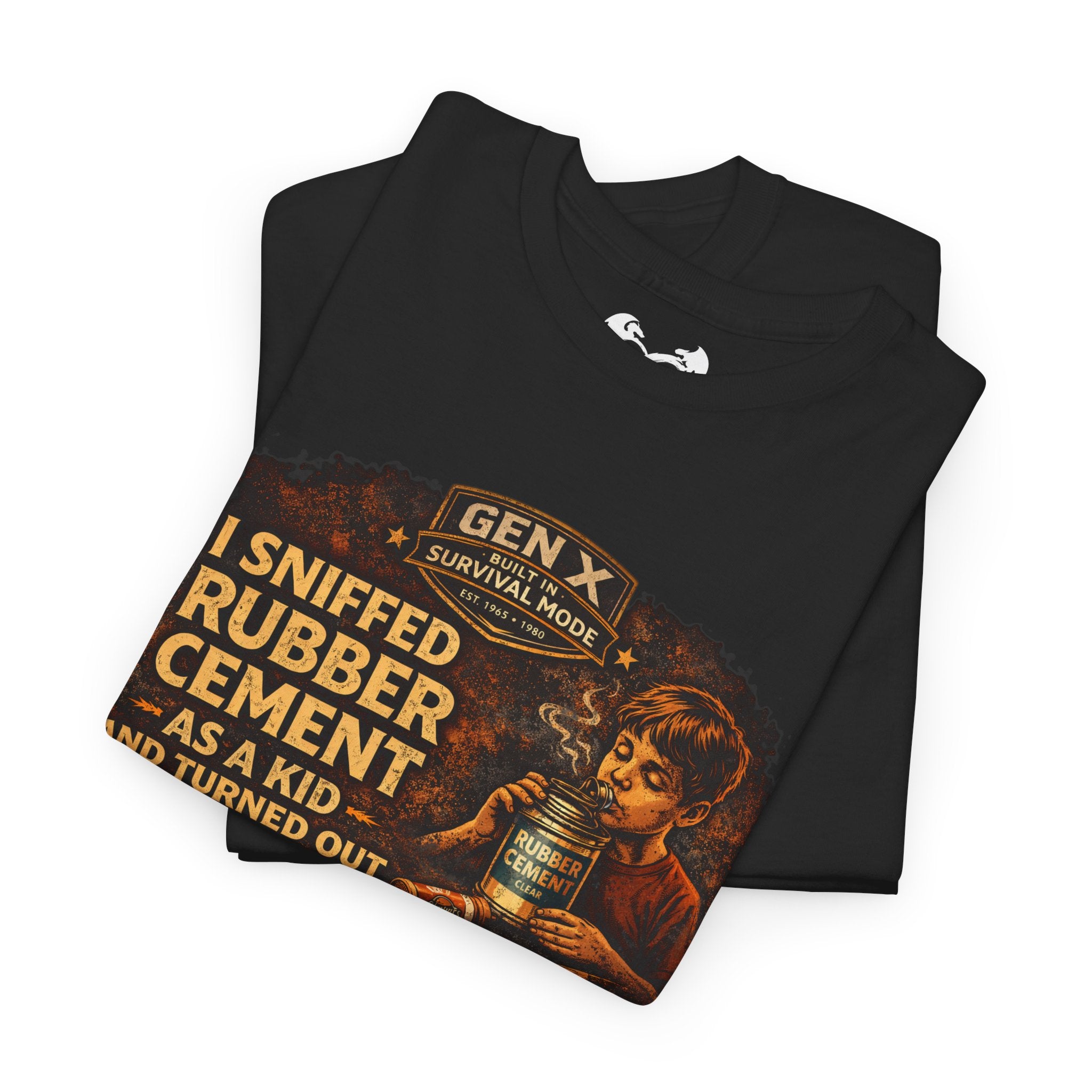 Folded black t-shirt with graphic design and text on a white background