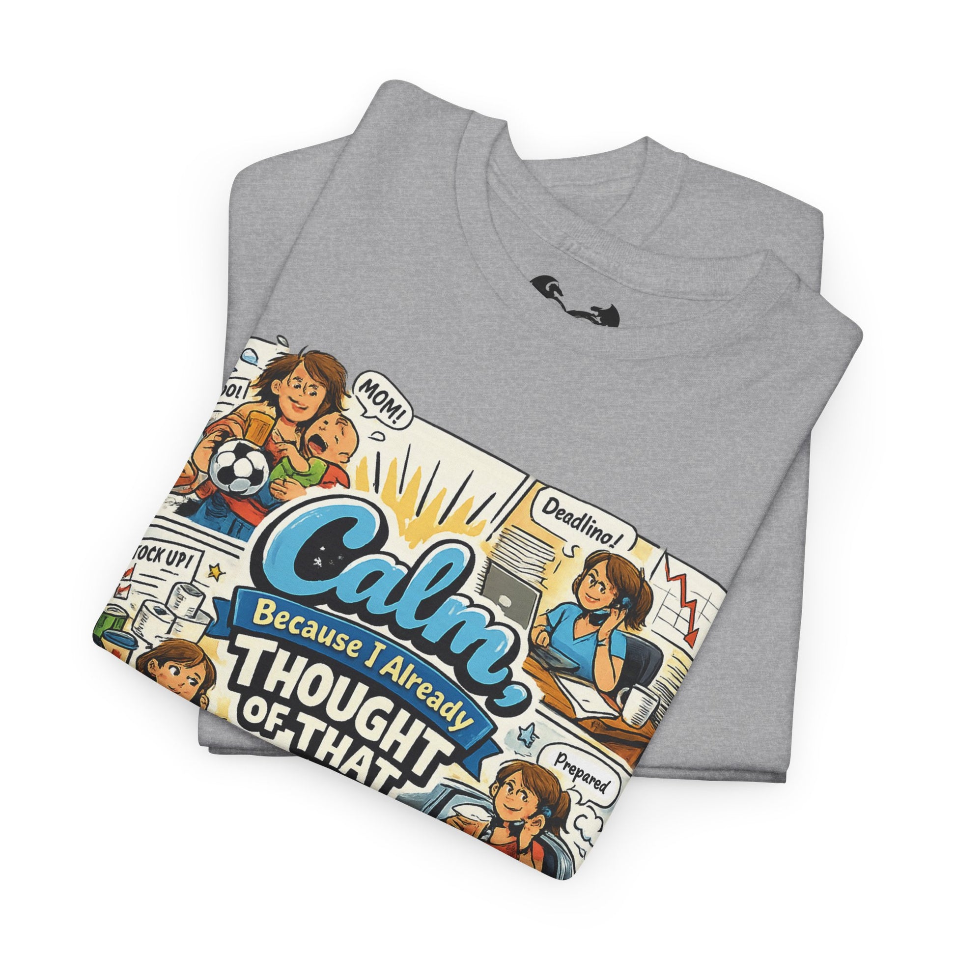 Folded gray t-shirt with colorful graphic design on a white background