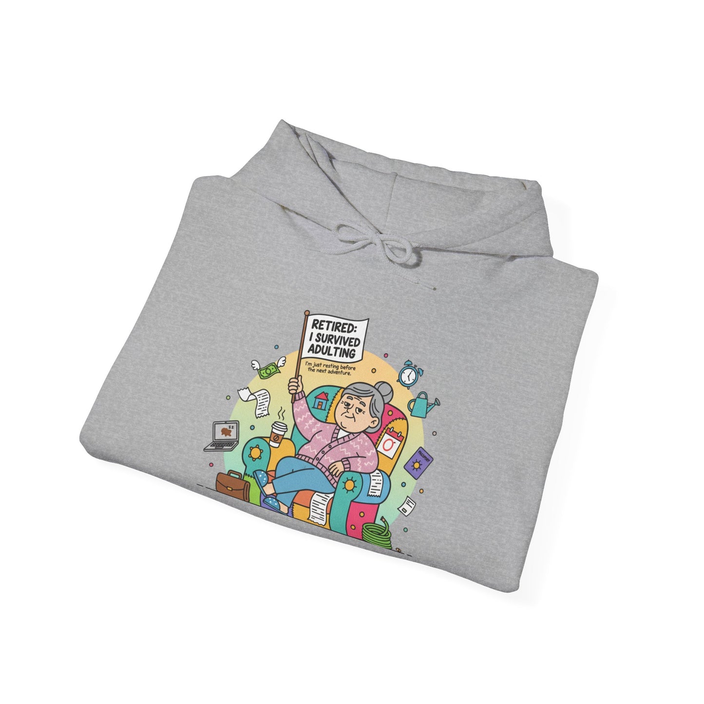 Folded gray hoodie with colorful graphic design on a white background