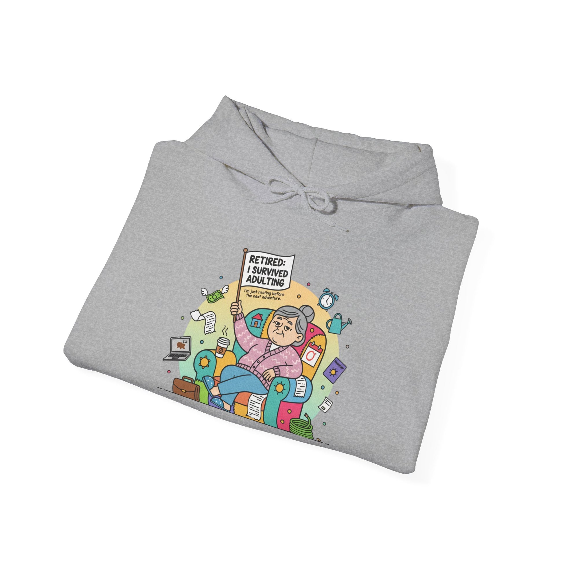 Folded gray hoodie with colorful graphic design on a white background