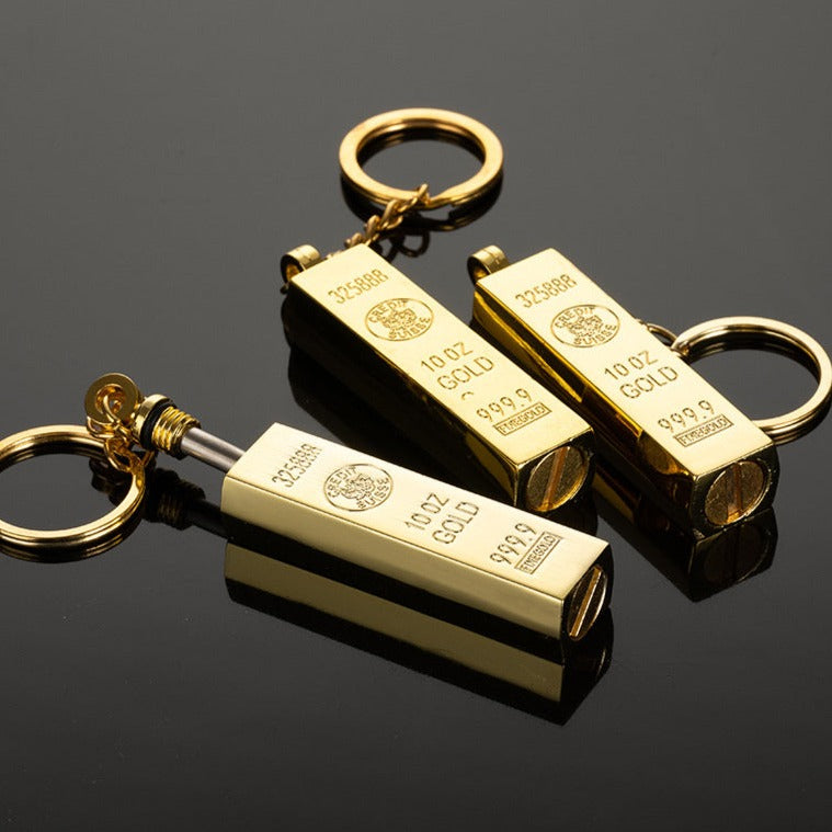 This Gold Bar Ten Thousand Strikes Lighter is perfect for avid outdoor adventurers, thanks to its reliable wind-resistant flame that can withstand up to 10,000 strikes. Its durable design features a gold-plated finish and a classic flint-wheel ignition, making it the perfect choice for reliable lighting and style. 