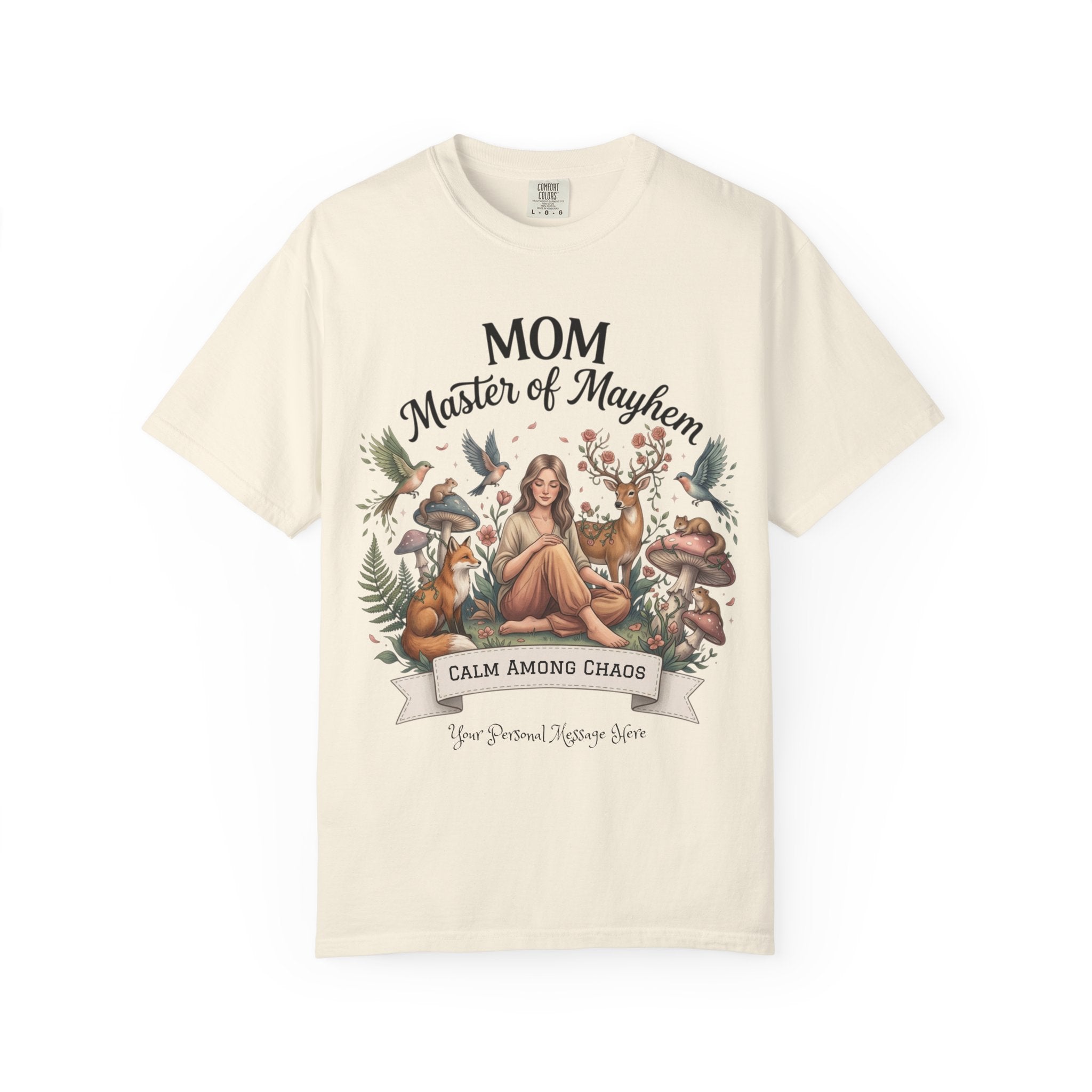 Beige t-shirt with nature-themed graphic and text on a white background