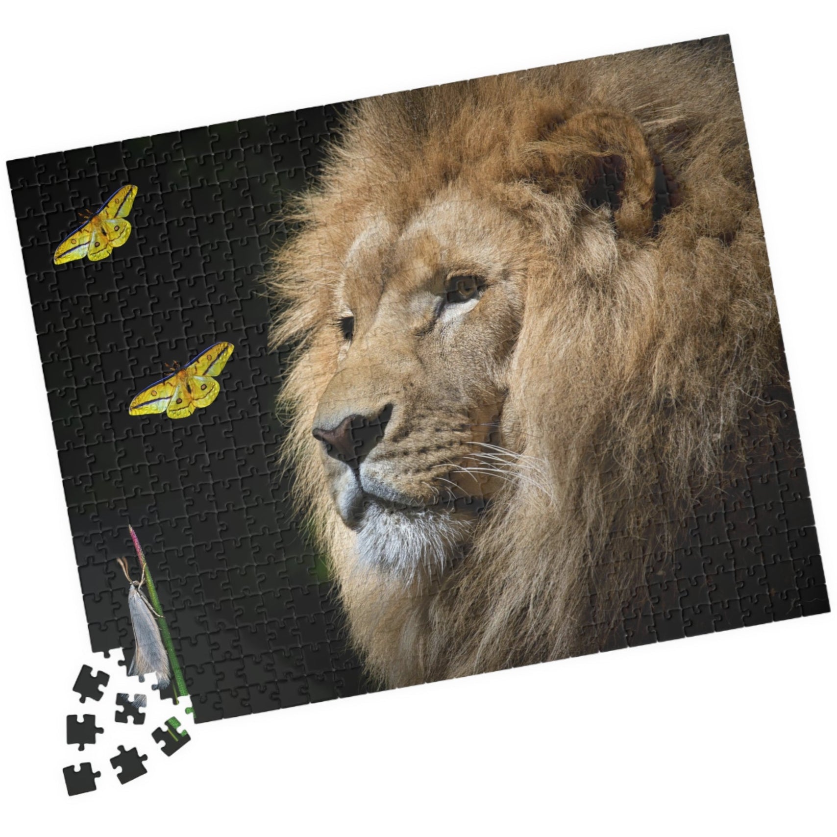 Unleash your adventurous spirit with the Lion &amp; Butterfly Puzzle! Challenge yourself with 110 to 1014 pieces and discover the stunning combination of a majestic lion and delicate butterfly. As you put together this high-quality puzzle, experience the thrill of completing a daring mission.