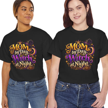 Two people wearing black t-shirts with colorful graphics and text on a white background